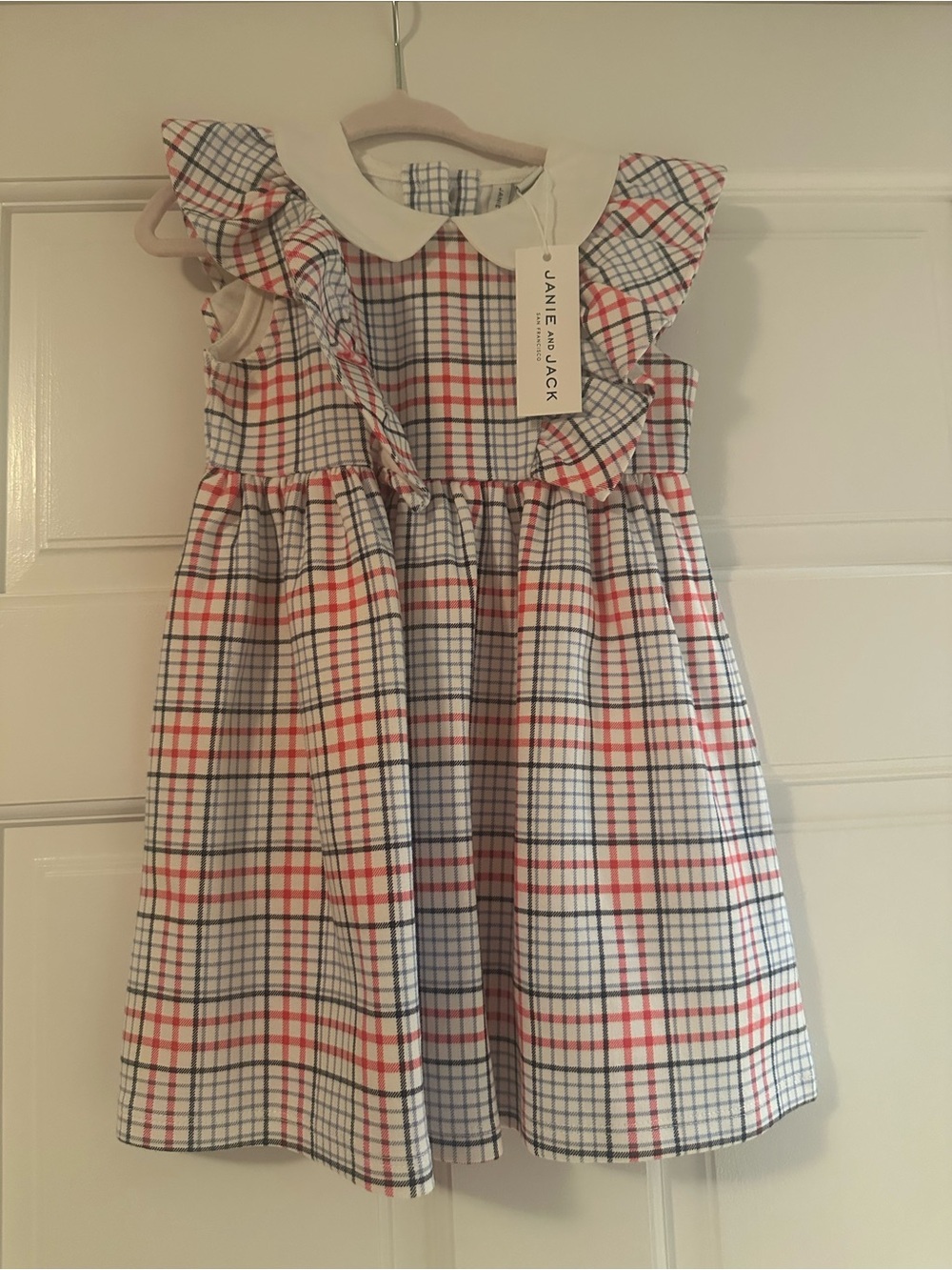 Janie and Jack White Plaid Peter Pan Collar Dress with Red & Navy
